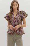 Multi-print tiered ruffle sleeve top