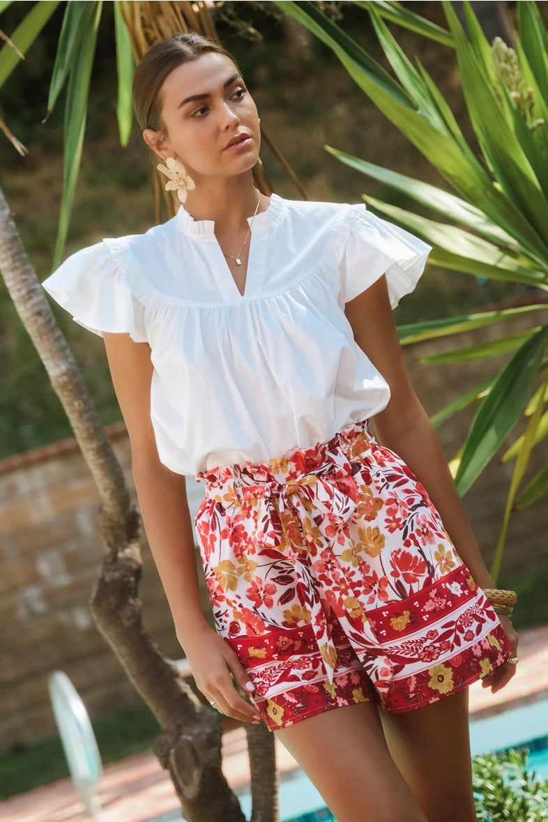 Solid Short Flutter Sleeve Poplin Blouse
