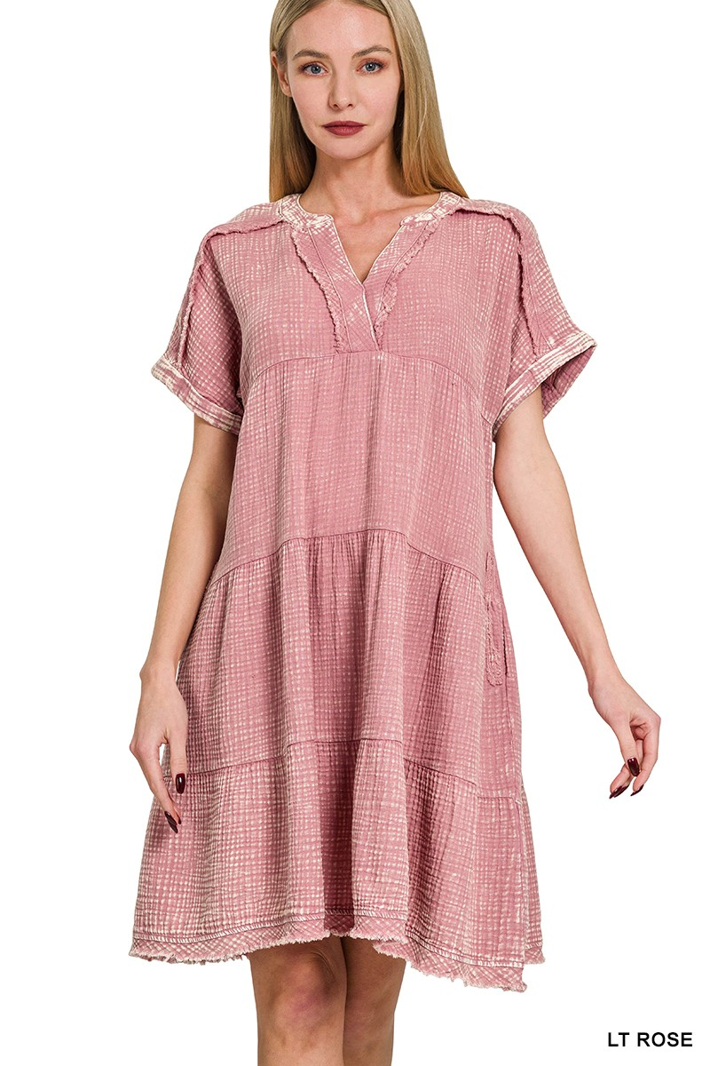 Washed double gauze raw edge v-neck dress