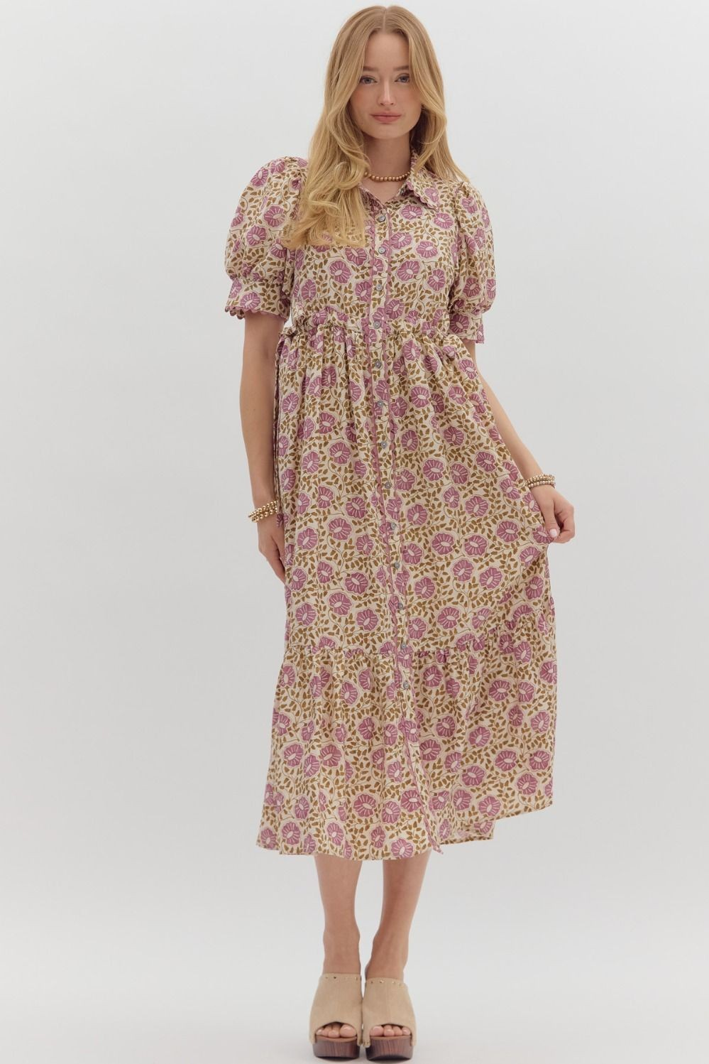 Floral print button front closure midi dress