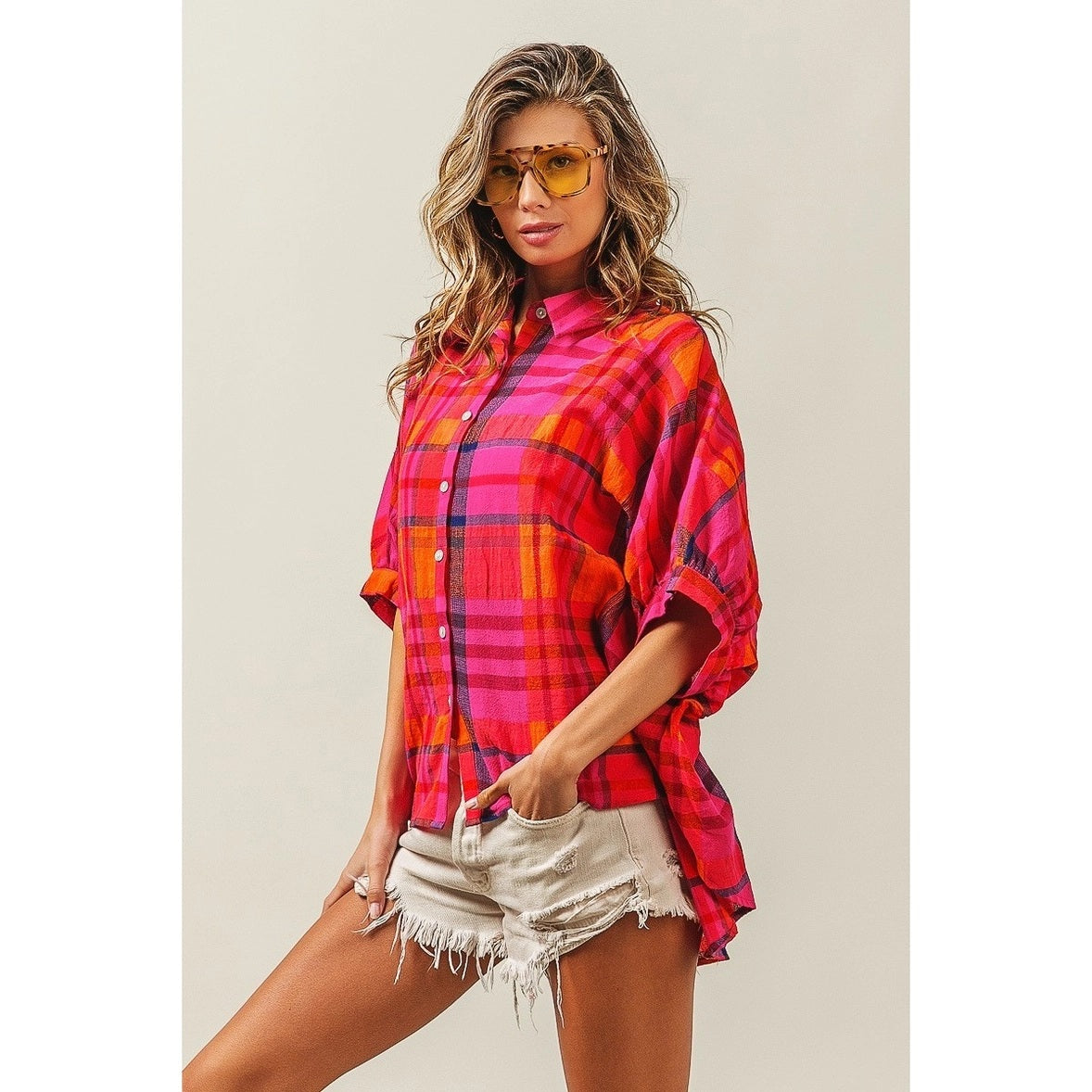 Short Dolman Sleeve Vintage Plaid Blouse