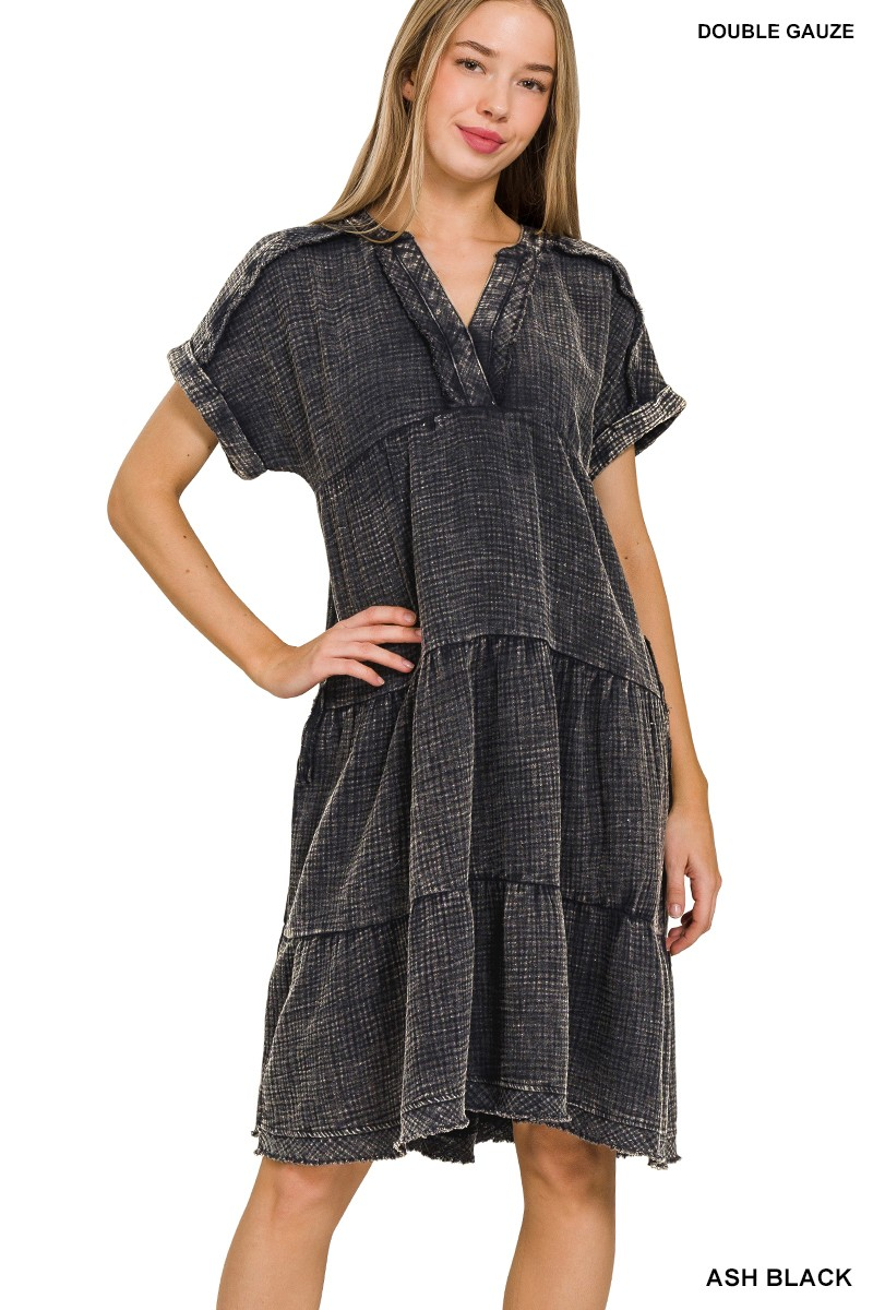 Washed double gauze raw edge v-neck dress