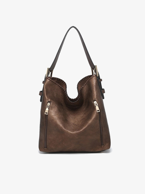 The Alexa 2-in-1 Hobo Bag offers both style and functionality. It features dual zip compartments, including concealed carry pockets for added security. The adjustable buckle shoulder strap ensures a comfortable fit, while the magnetic snap closure provides easy access to your belongings. Additionally, the inner bag with slip and zip pockets offers organized storage, and the adjustable/removable crossbody strap adds versatility to your carrying options.