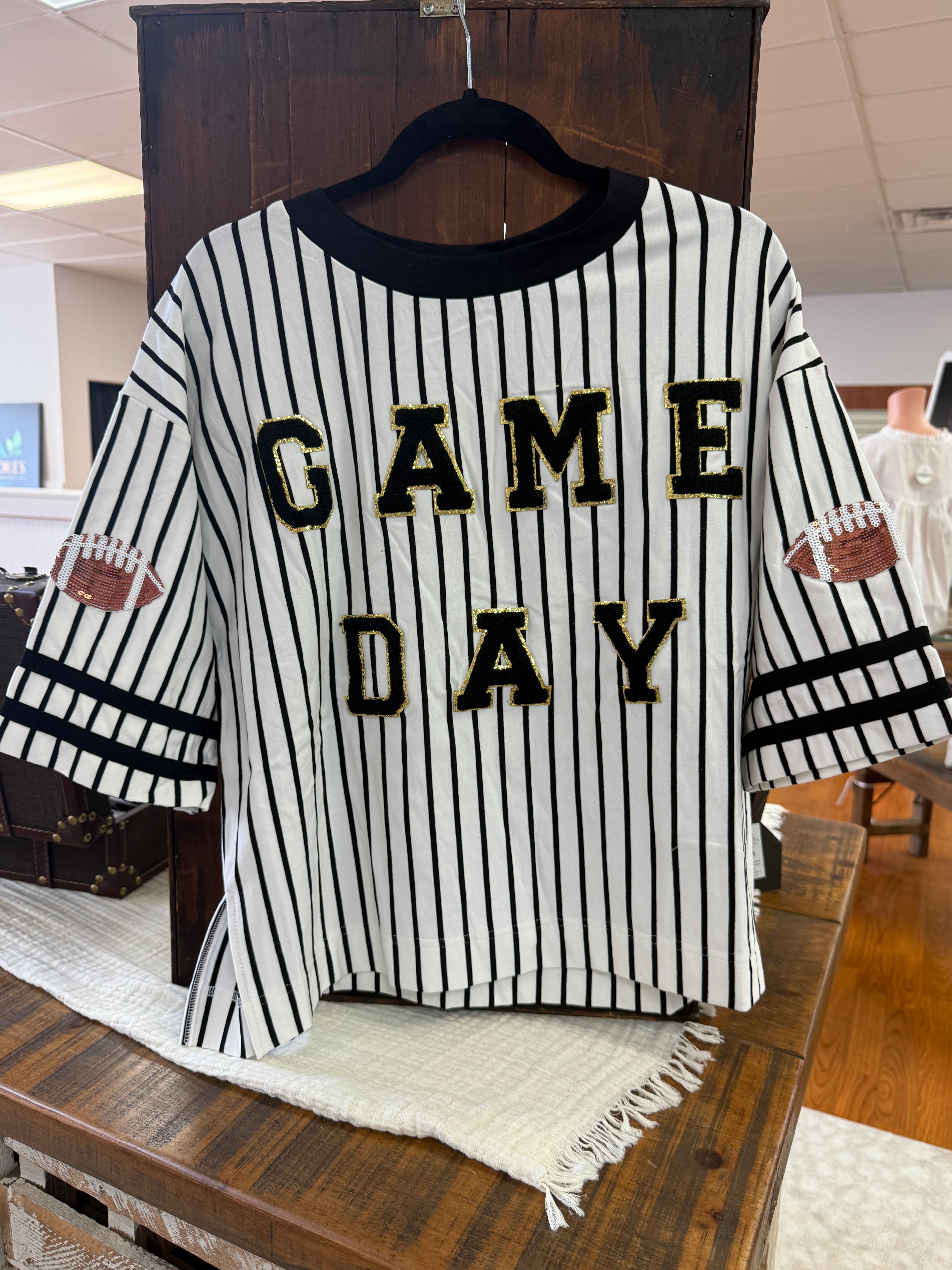 Gameday Theme Stripe Knit Top with Sleeve Patched