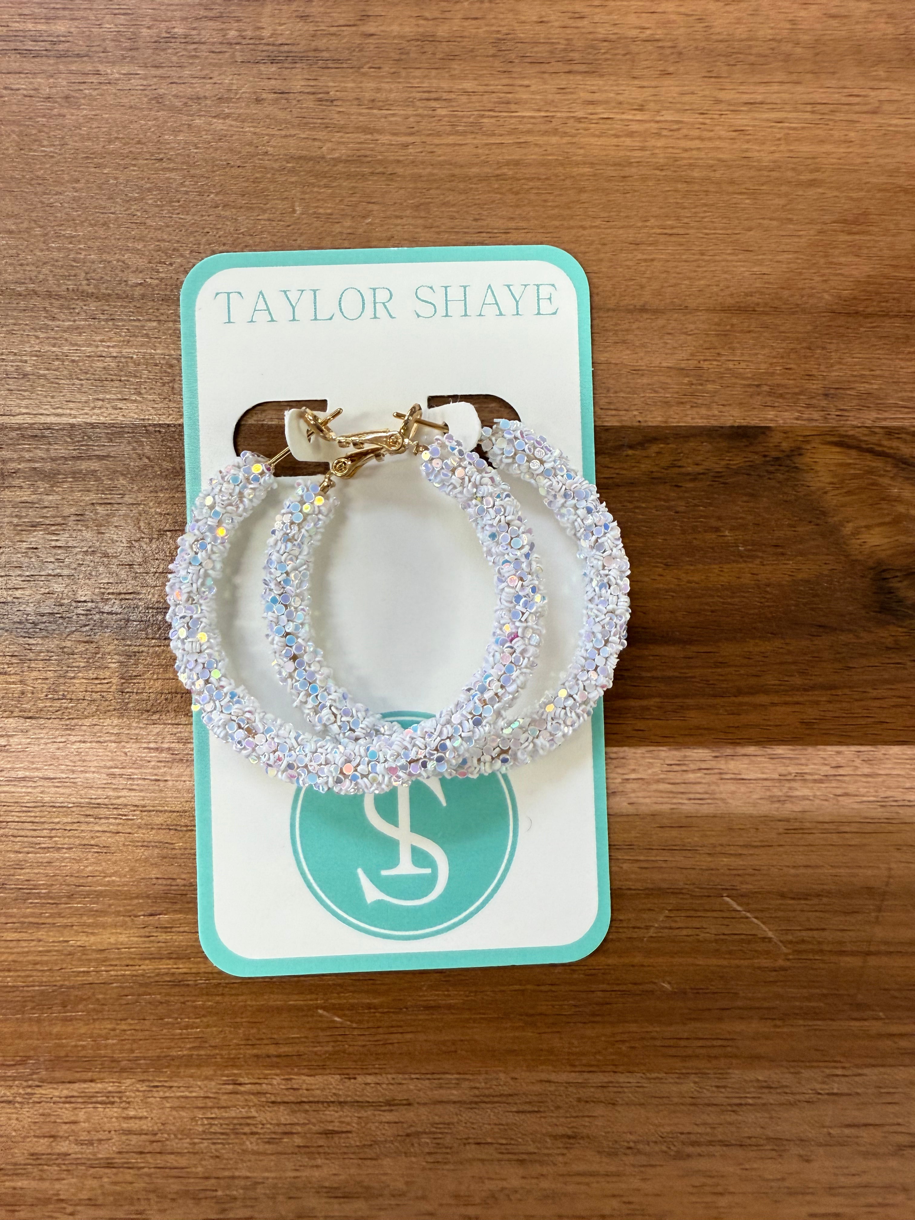 White Glitter Hoops Earrings