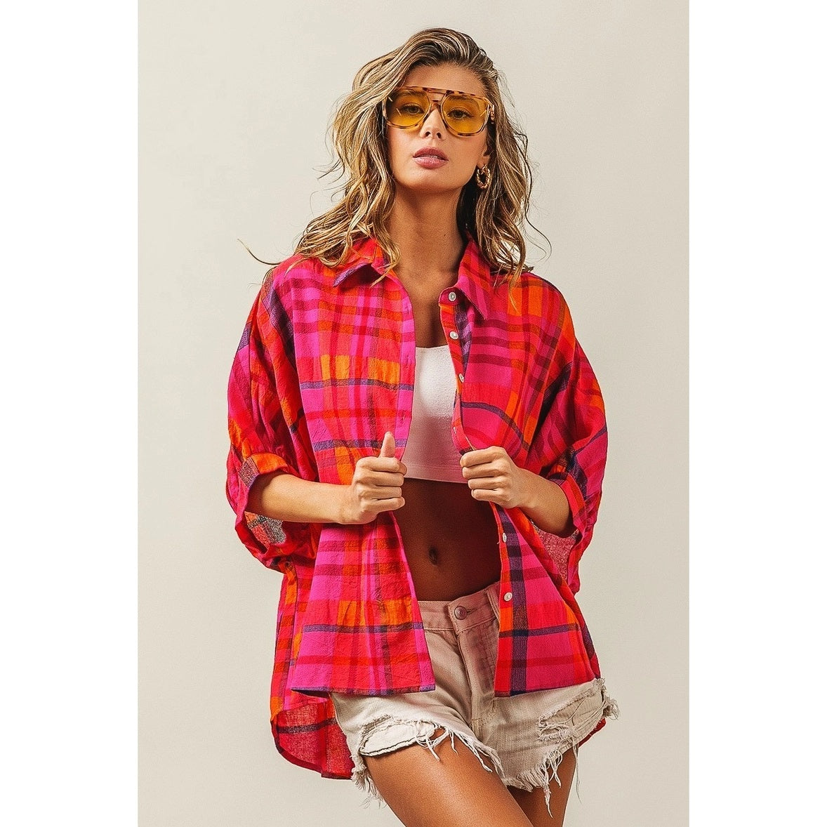 Short Dolman Sleeve Vintage Plaid Blouse