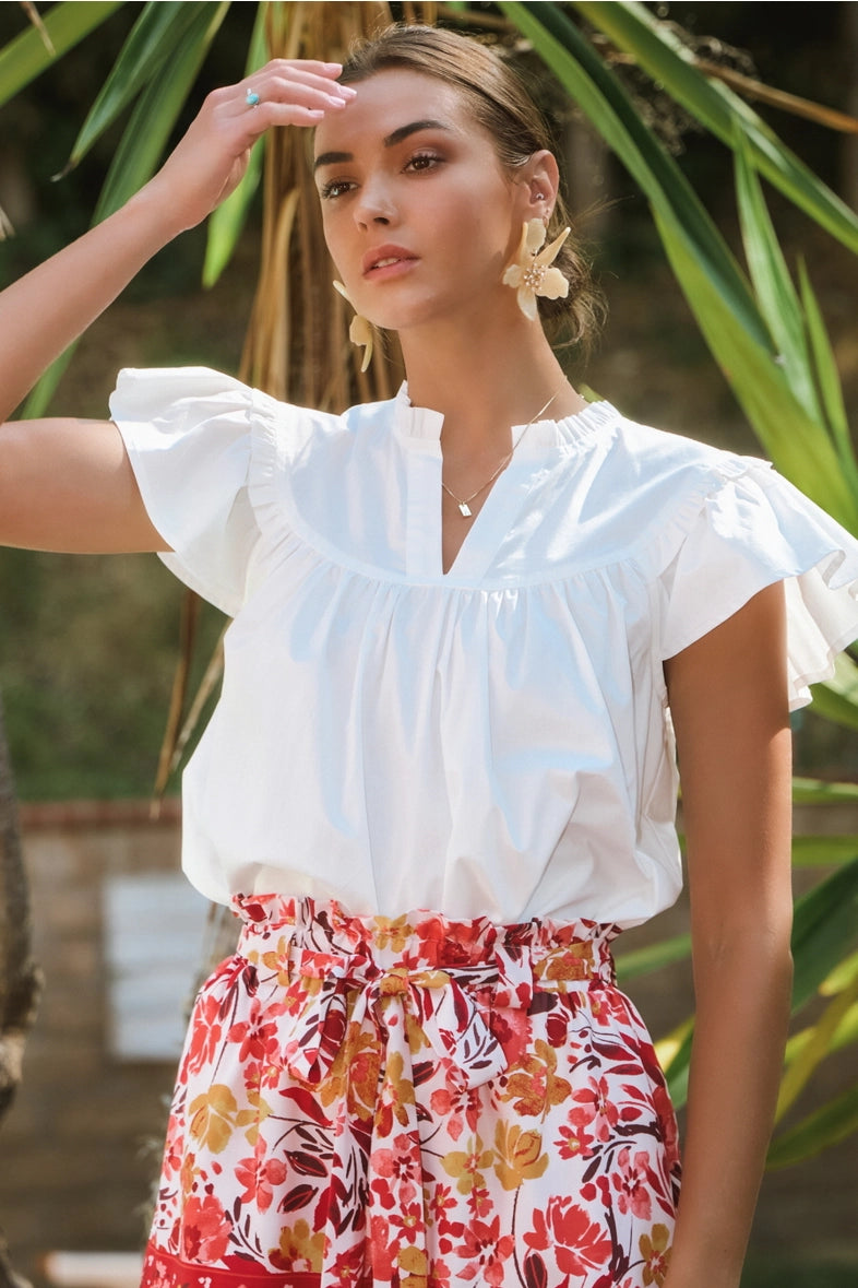 Solid Short Flutter Sleeve Poplin Blouse
