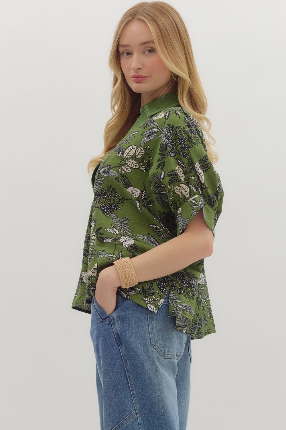 Botanical print short dolman sleeve top