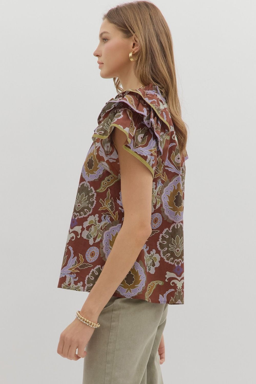 Multi-print tiered ruffle sleeve top