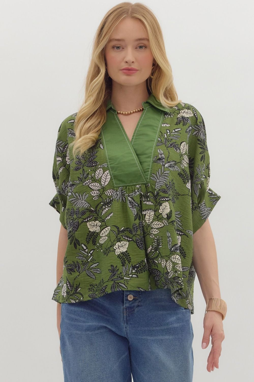 Botanical print short dolman sleeve top