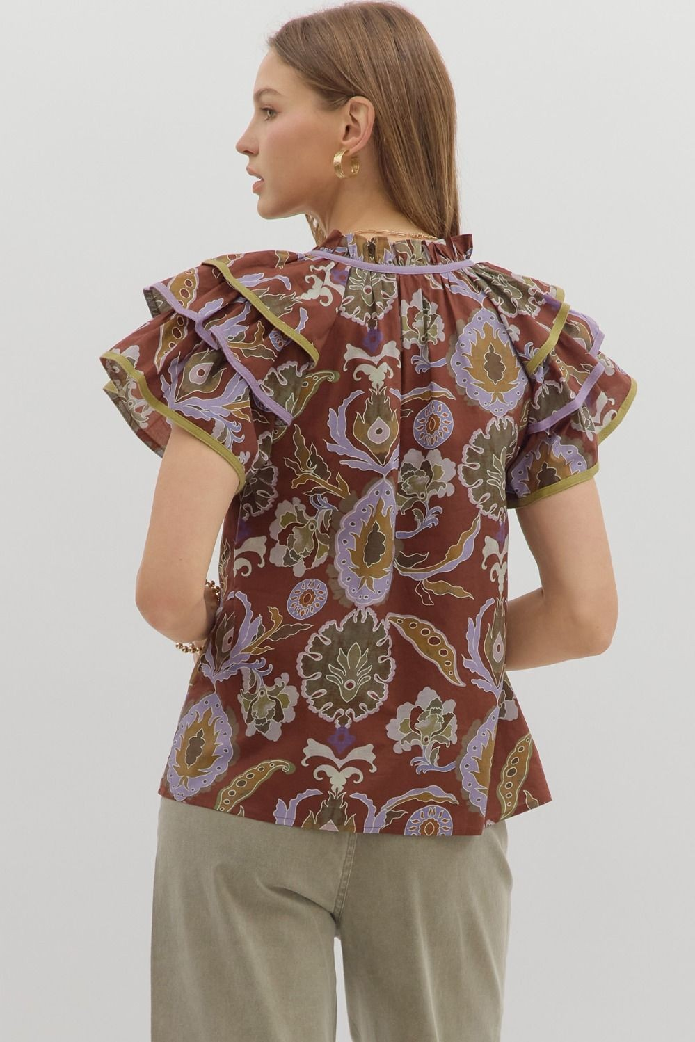 Multi-print tiered ruffle sleeve top