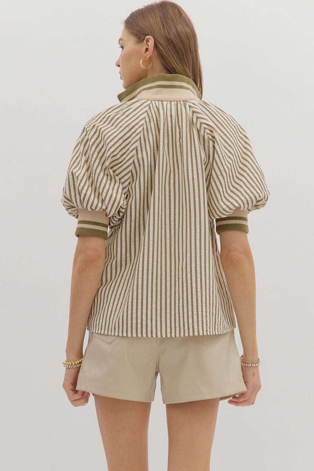 Stripe pattern half-zip closure top