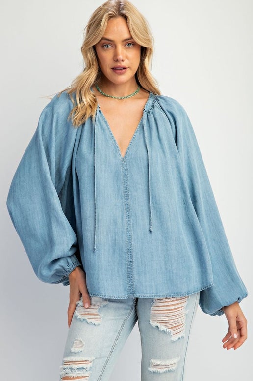 Washed Chambray Flare Woven Tunic