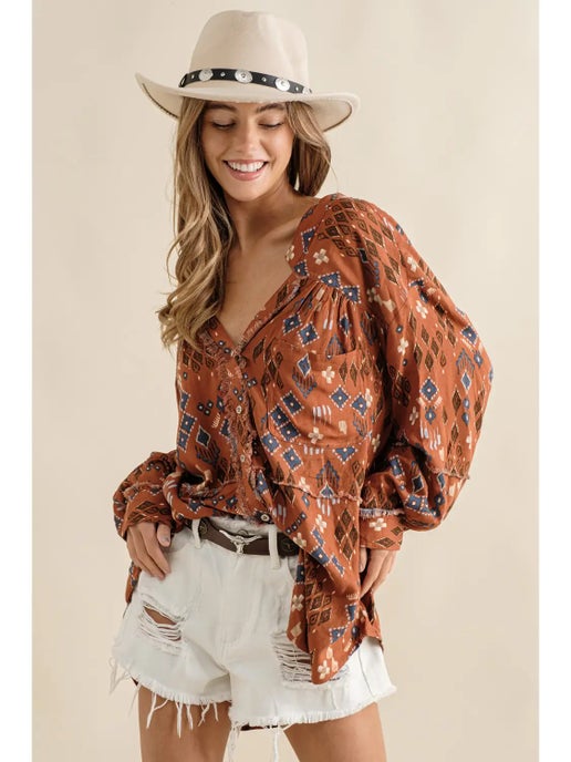 Aztec Rayon Dobby Button Up Frayed Fringe Blouse