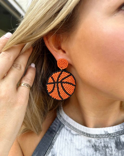Round Beaded Basketball Orange/Black Earrings