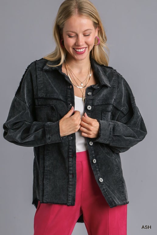 Stone Wash Chest Pocket Collar Button Down Jacket with Unfinished Hem (ASH)