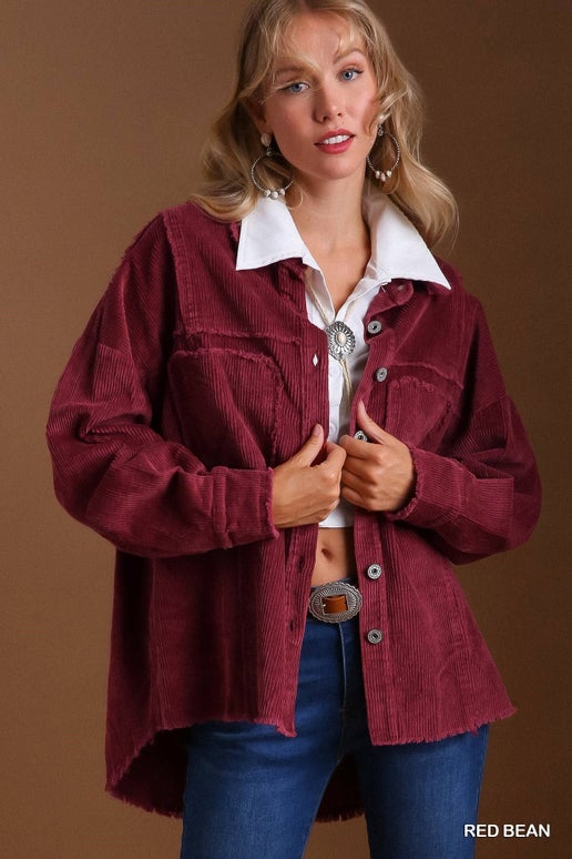 Stone Wash Chest Pocket Collar Button Down Jacket with Unfinished Hem (ASH)