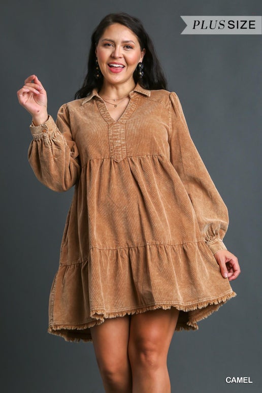 Mineral Wash Corduroy Tiered Dress with Fringes and Side Pocket