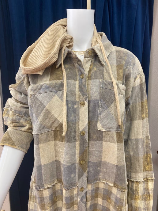 Double Cloth Button Up Hoodie Check Jacket