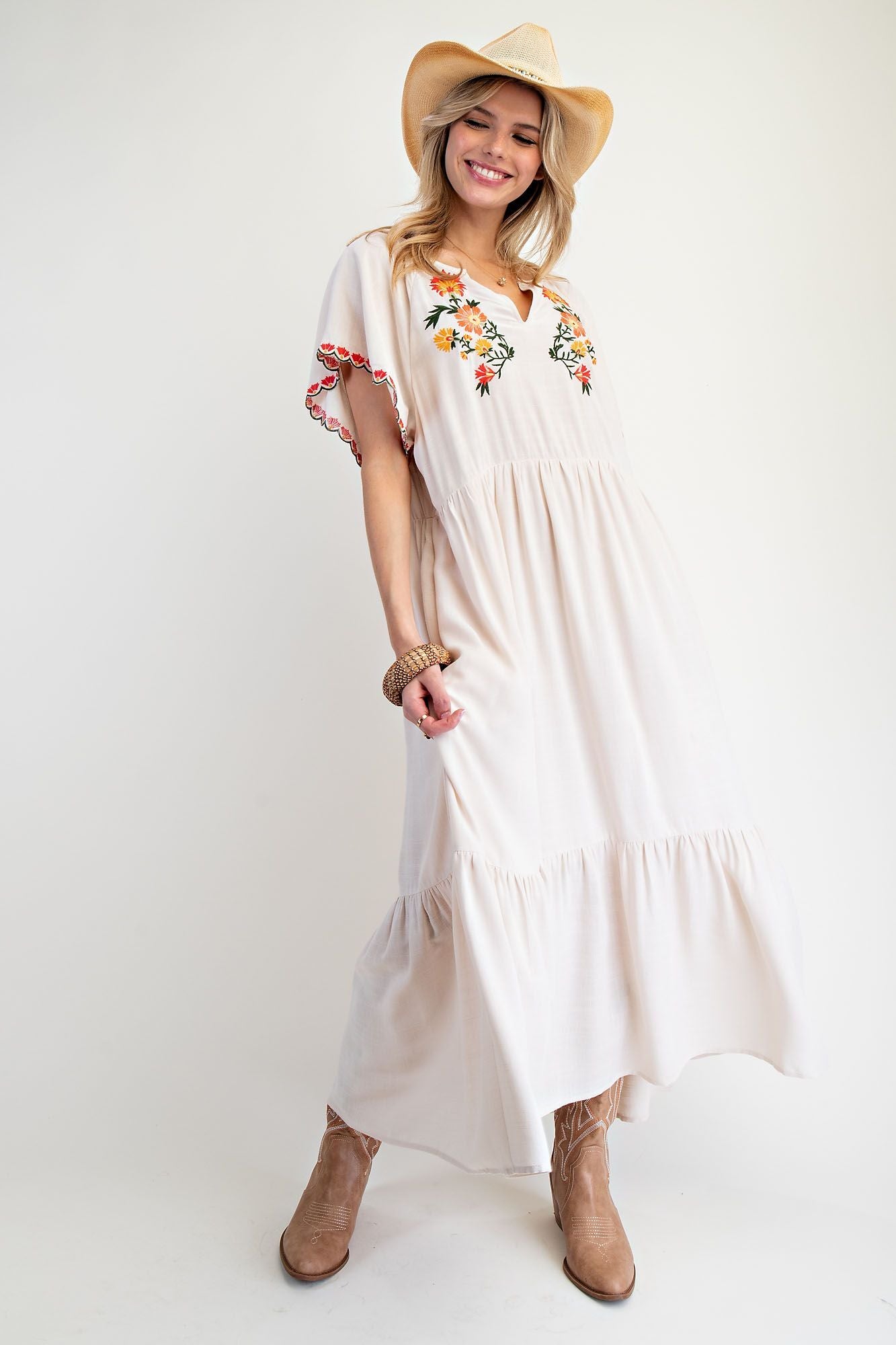 Embroidered Detailed Poly Linen Maxi Dress