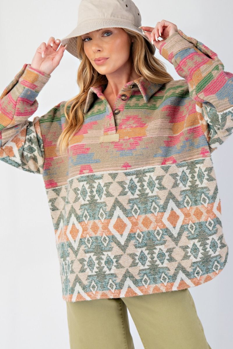 Ethnic Print Fleece Pullover