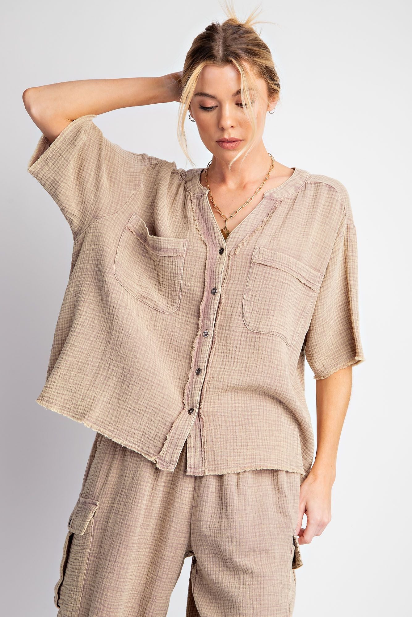 Cotton Gauze Button Down Mineral Washed Shirt