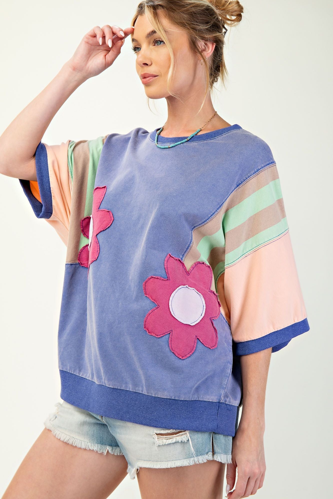 Color Block Flower Patch Terry Knit Pullover
