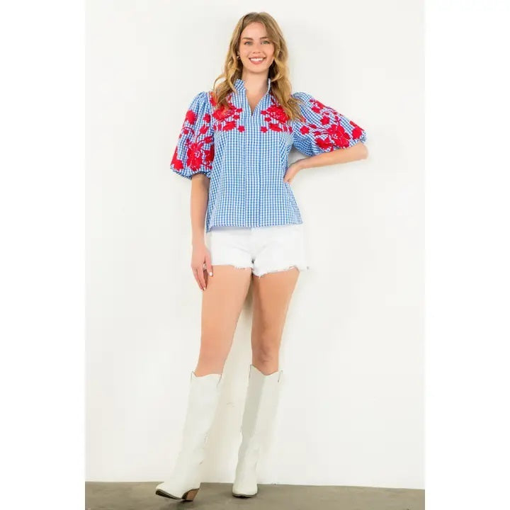 Embroidered Puff Sleeve Gingham Top