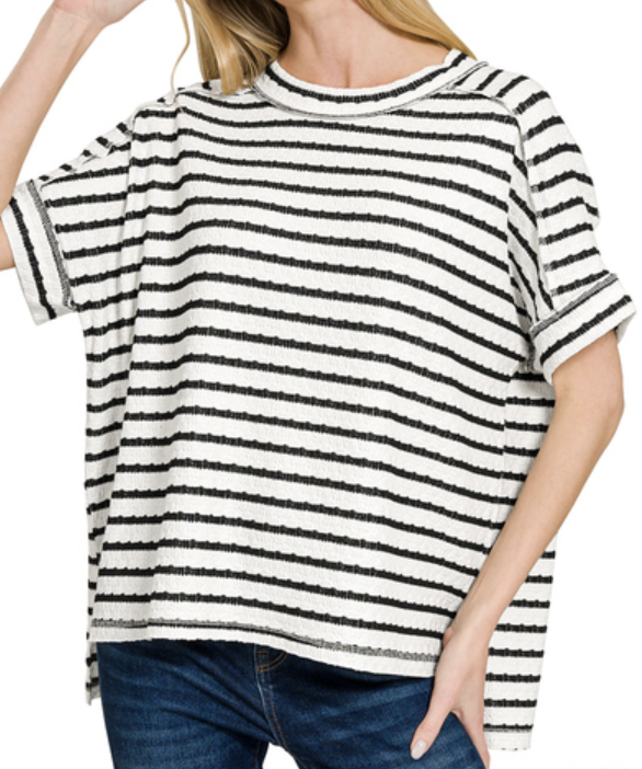 Stripe jacquard round-neck box tee