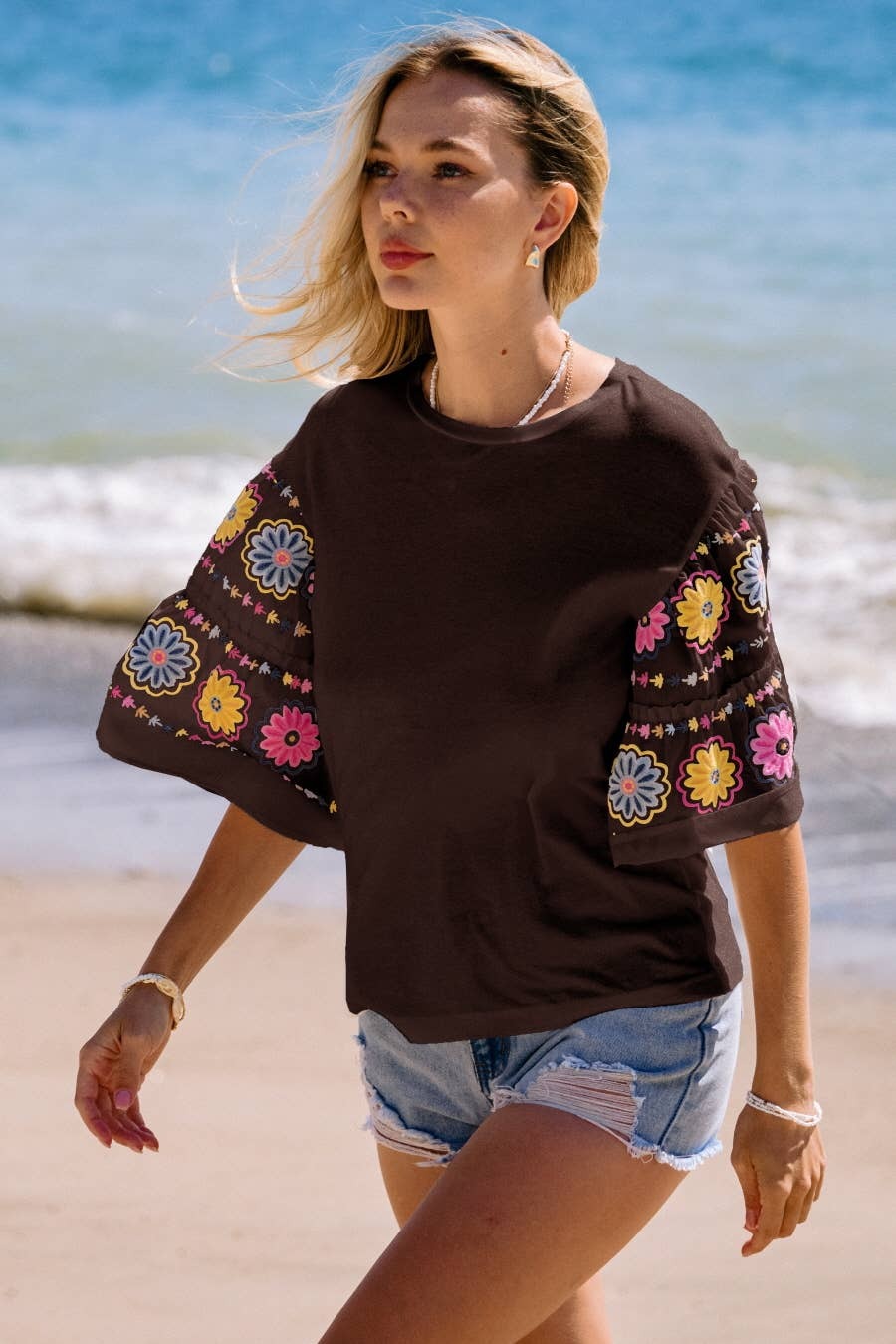 Embroidered Tiered Ruffle Elbow Sleeve Top