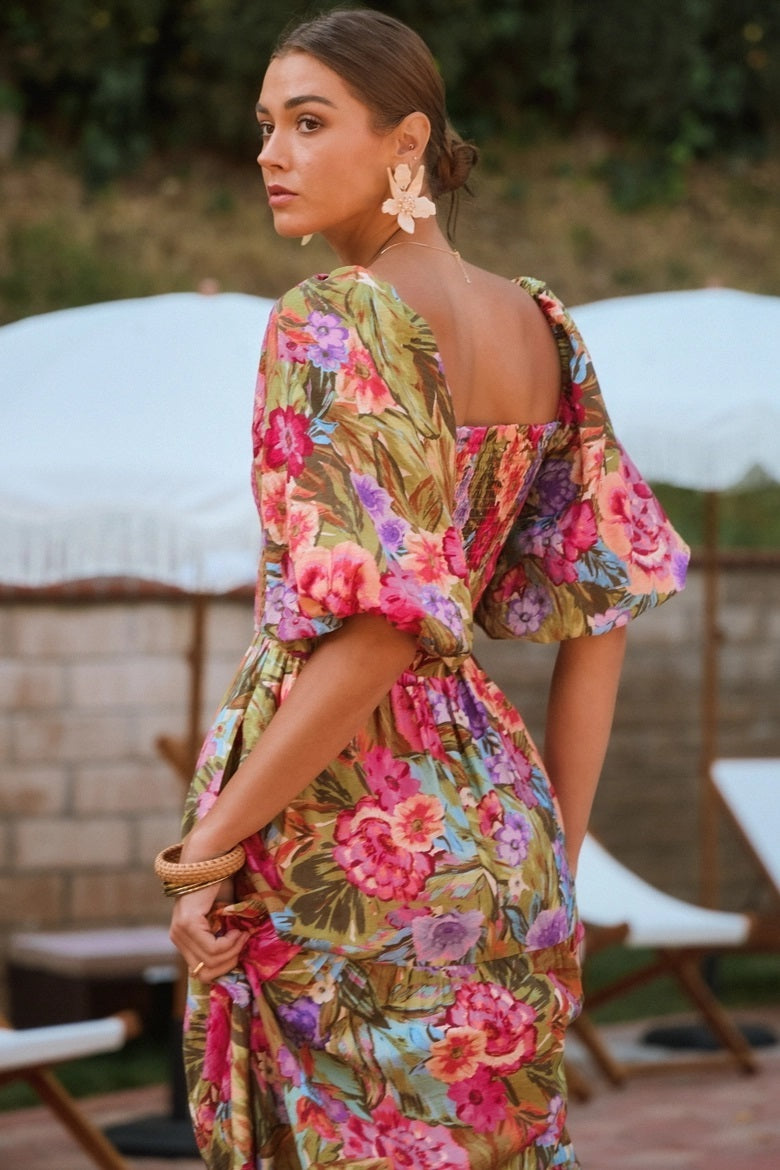 Printed Maxi Dress With Short Bubble Sleeve