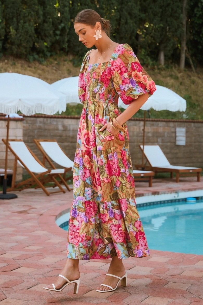 Printed Maxi Dress With Short Bubble Sleeve