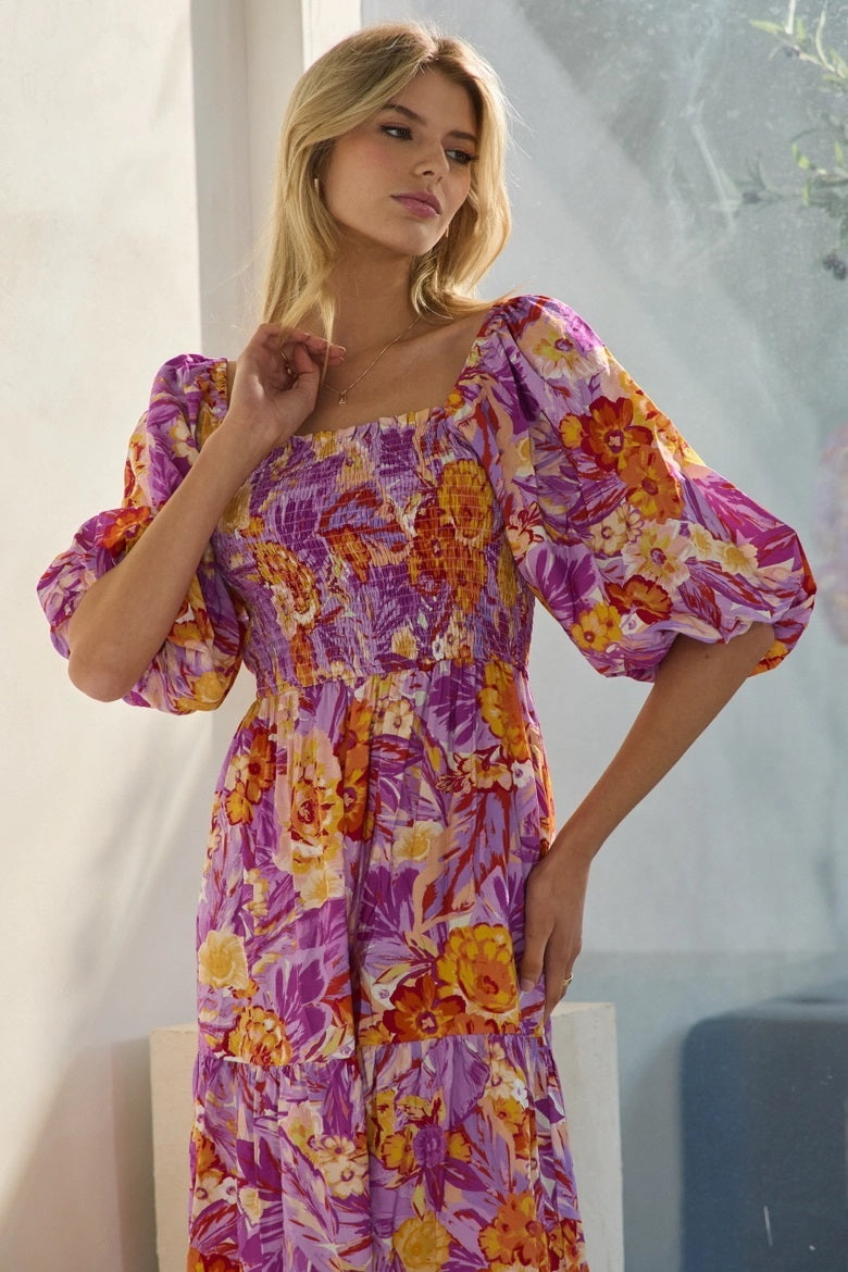 Printed Maxi Dress With Short Bubble Sleeve