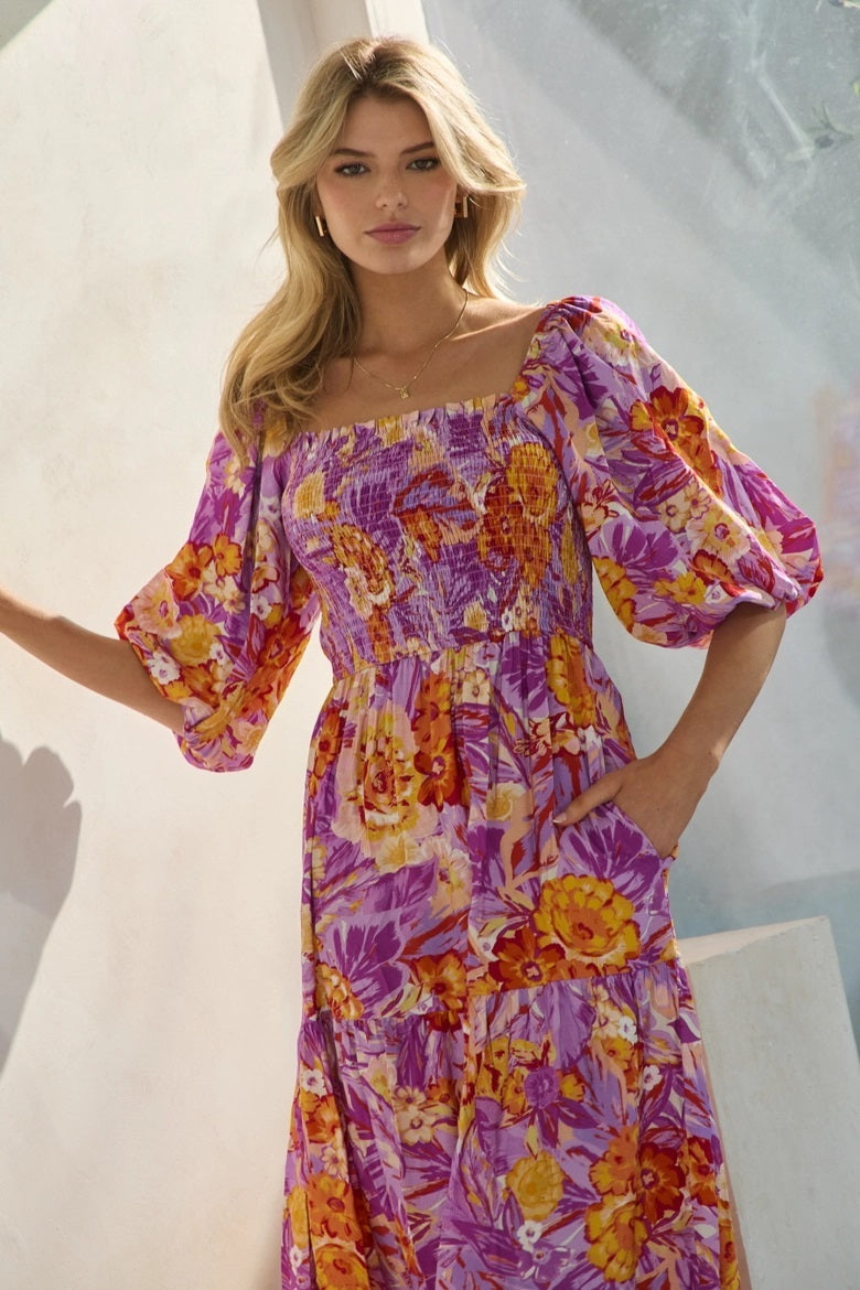 Printed Maxi Dress With Short Bubble Sleeve