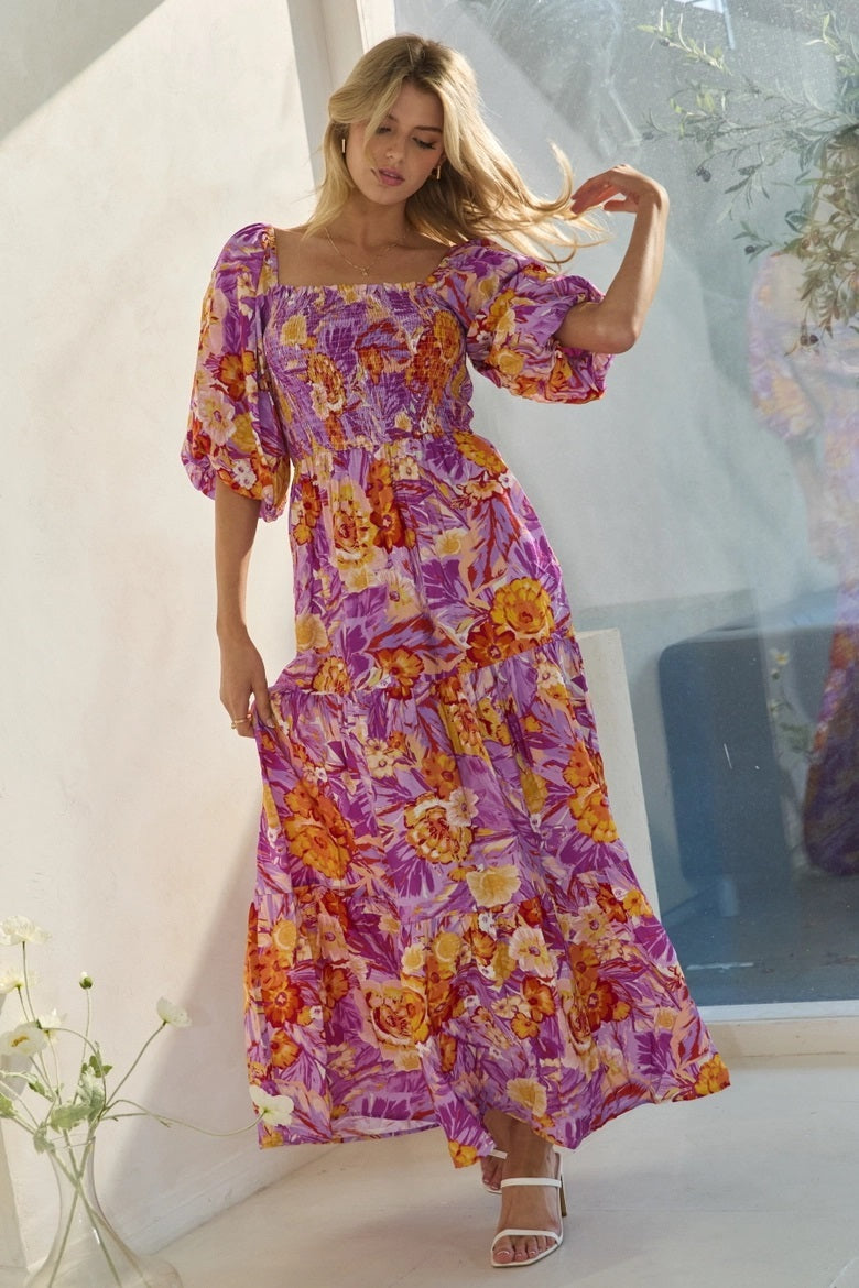 Printed Maxi Dress With Short Bubble Sleeve