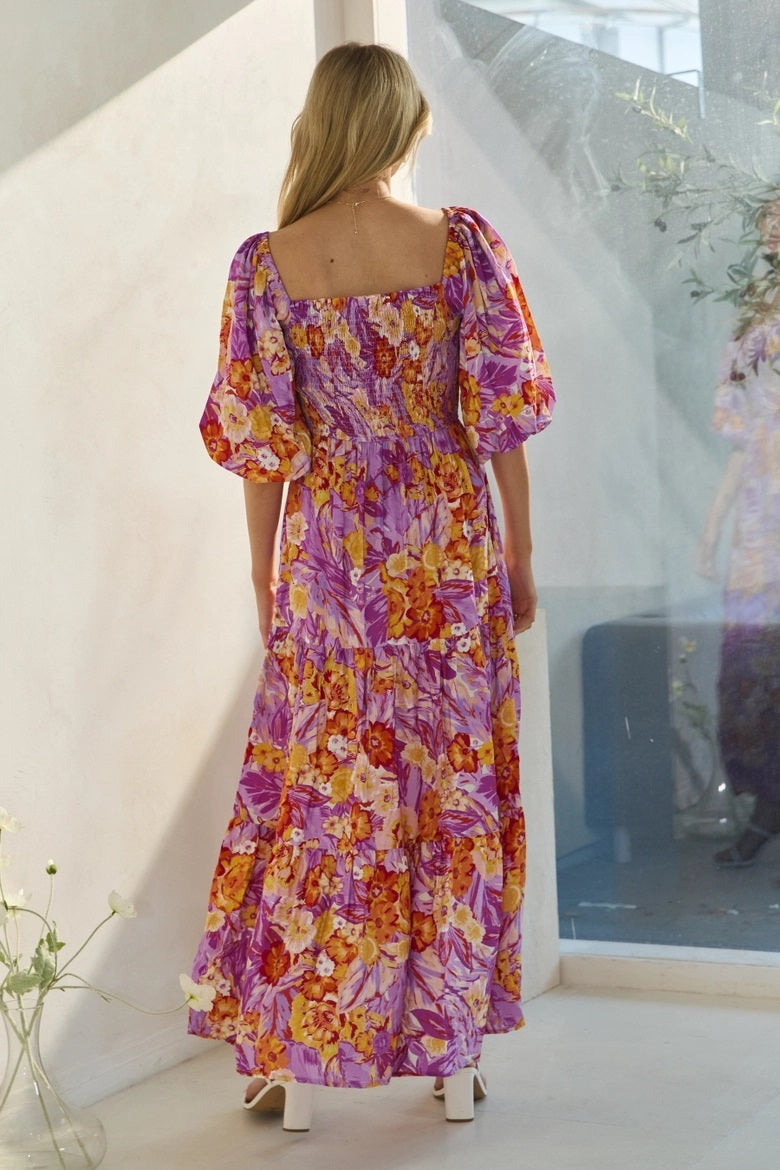 Printed Maxi Dress With Short Bubble Sleeve
