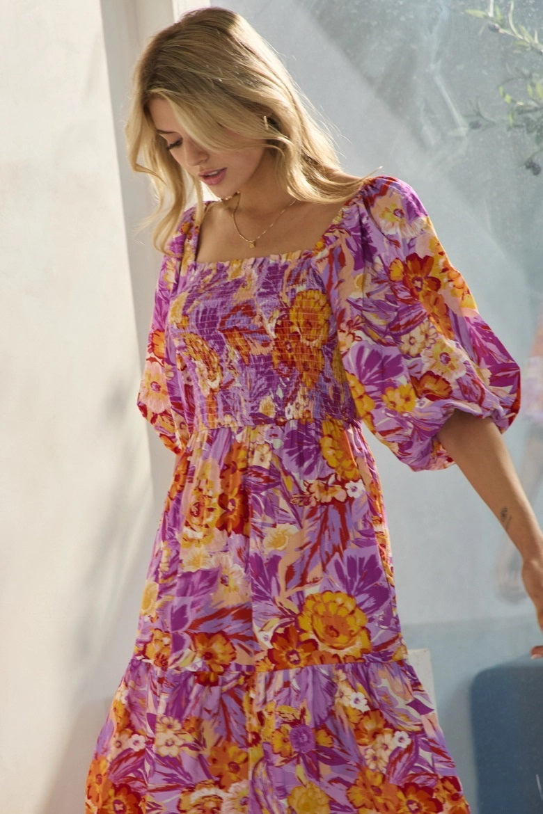 Printed Maxi Dress With Short Bubble Sleeve