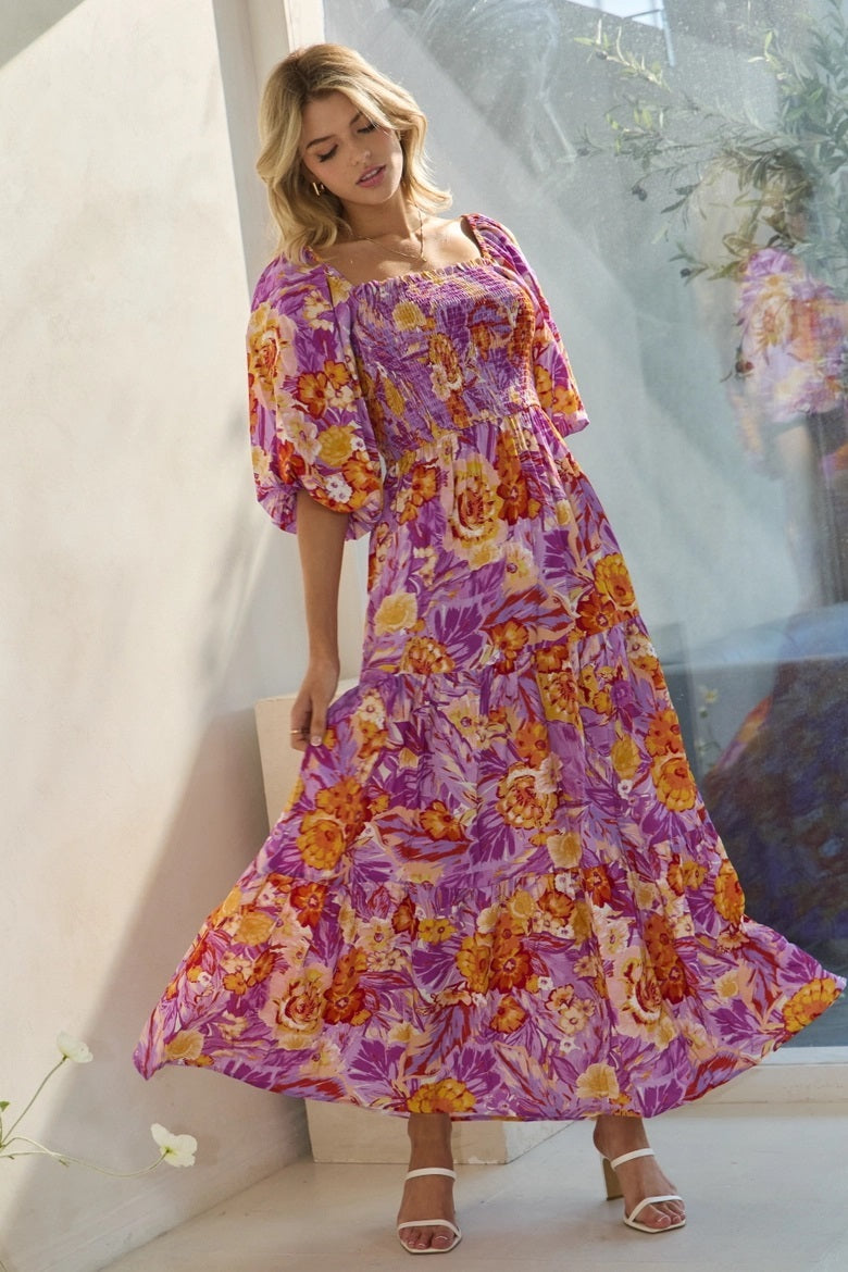 Printed Maxi Dress With Short Bubble Sleeve