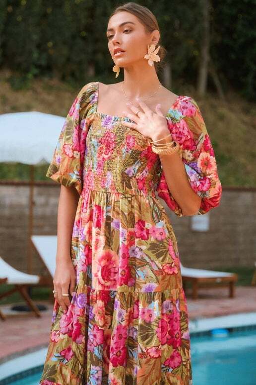 Printed Maxi Dress With Short Bubble Sleeve