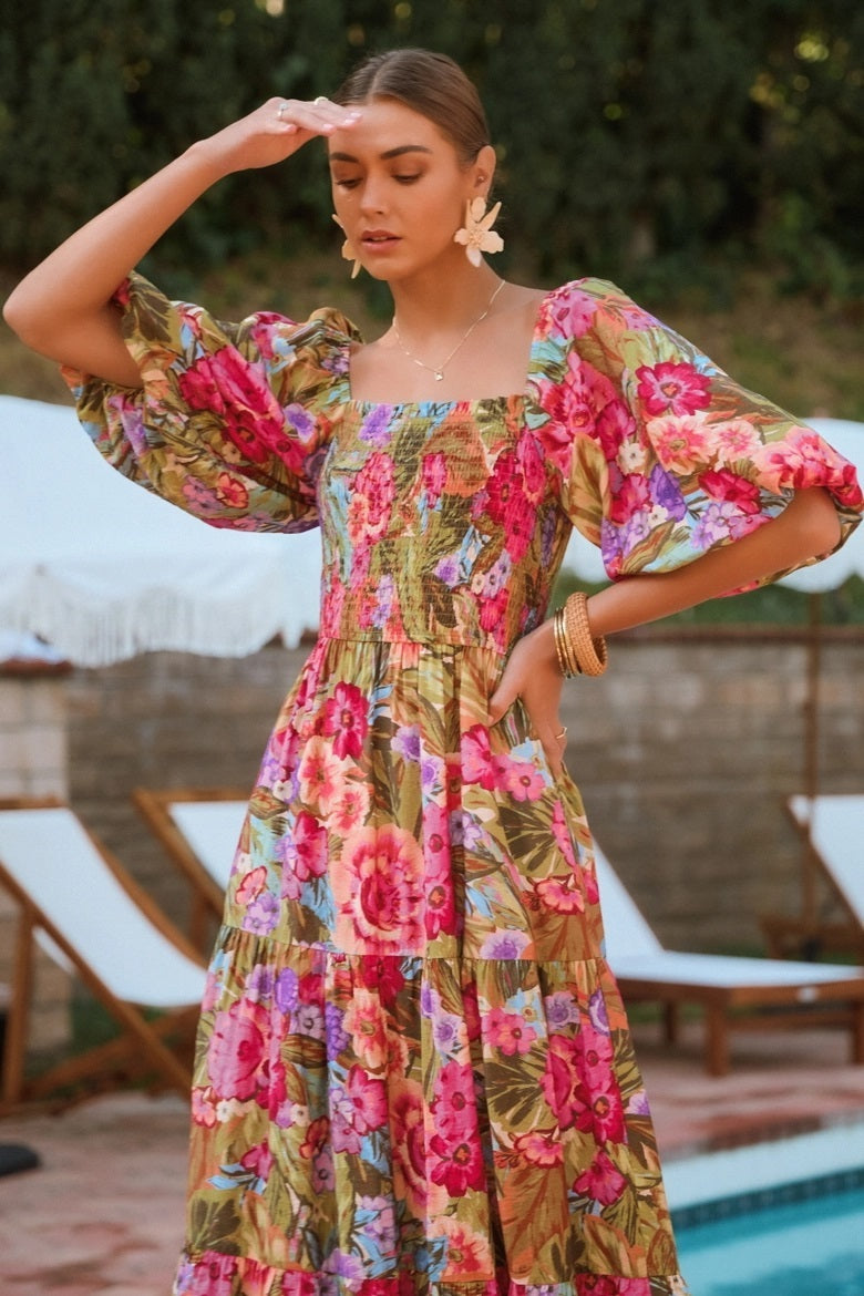 Printed Maxi Dress With Short Bubble Sleeve