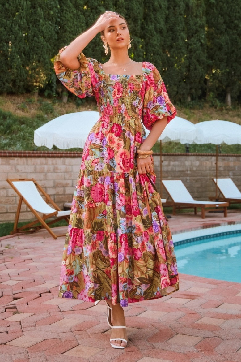Printed Maxi Dress With Short Bubble Sleeve