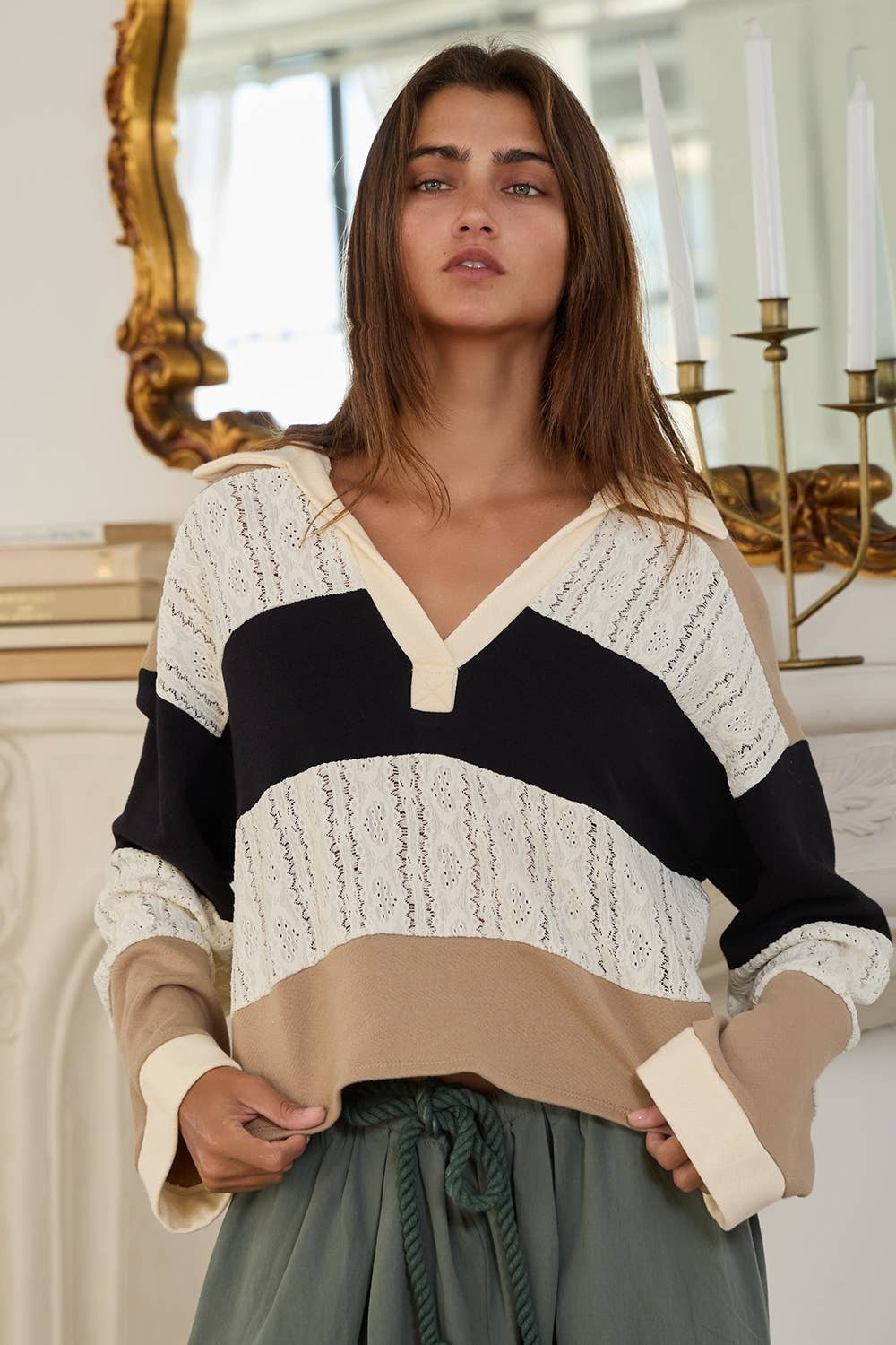 Color Block Stripe Spread Neck Collared Crop Top