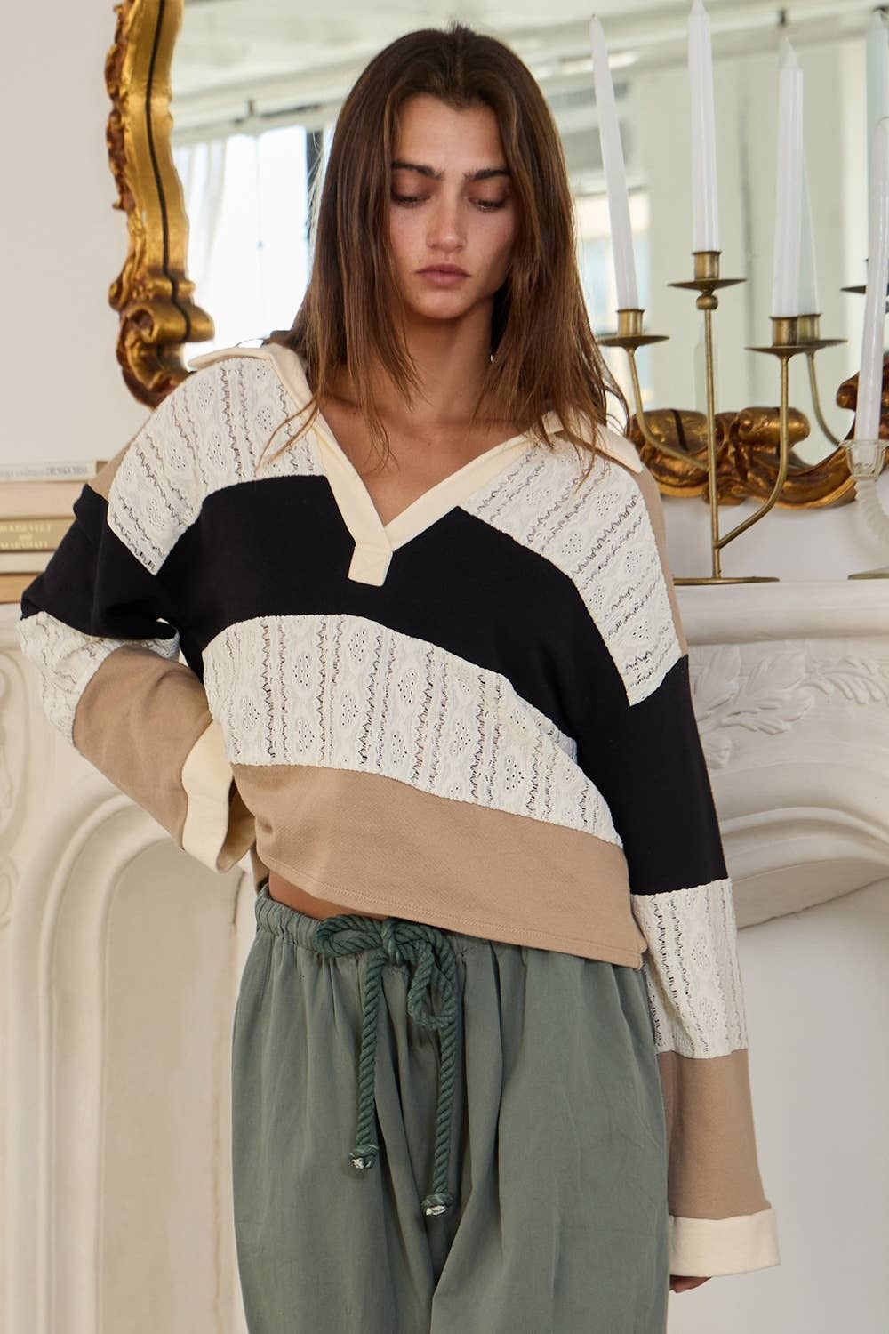 Color Block Stripe Spread Neck Collared Crop Top