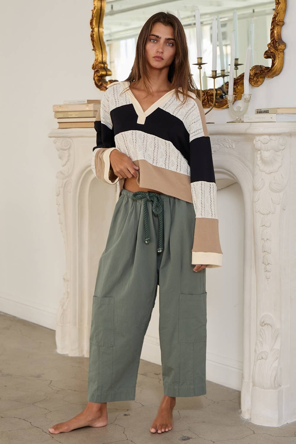 Color Block Stripe Spread Neck Collared Crop Top