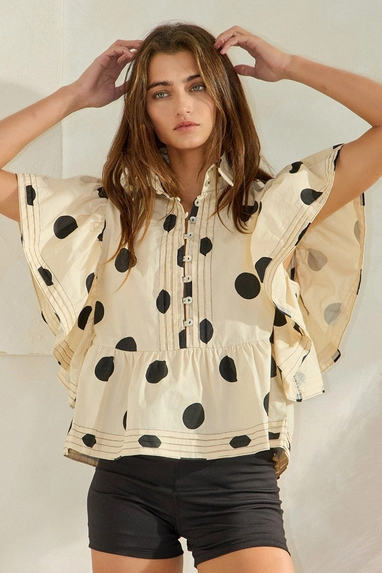 Ruffle Sleeves Pintuck Detail Polka Dot Print Top
