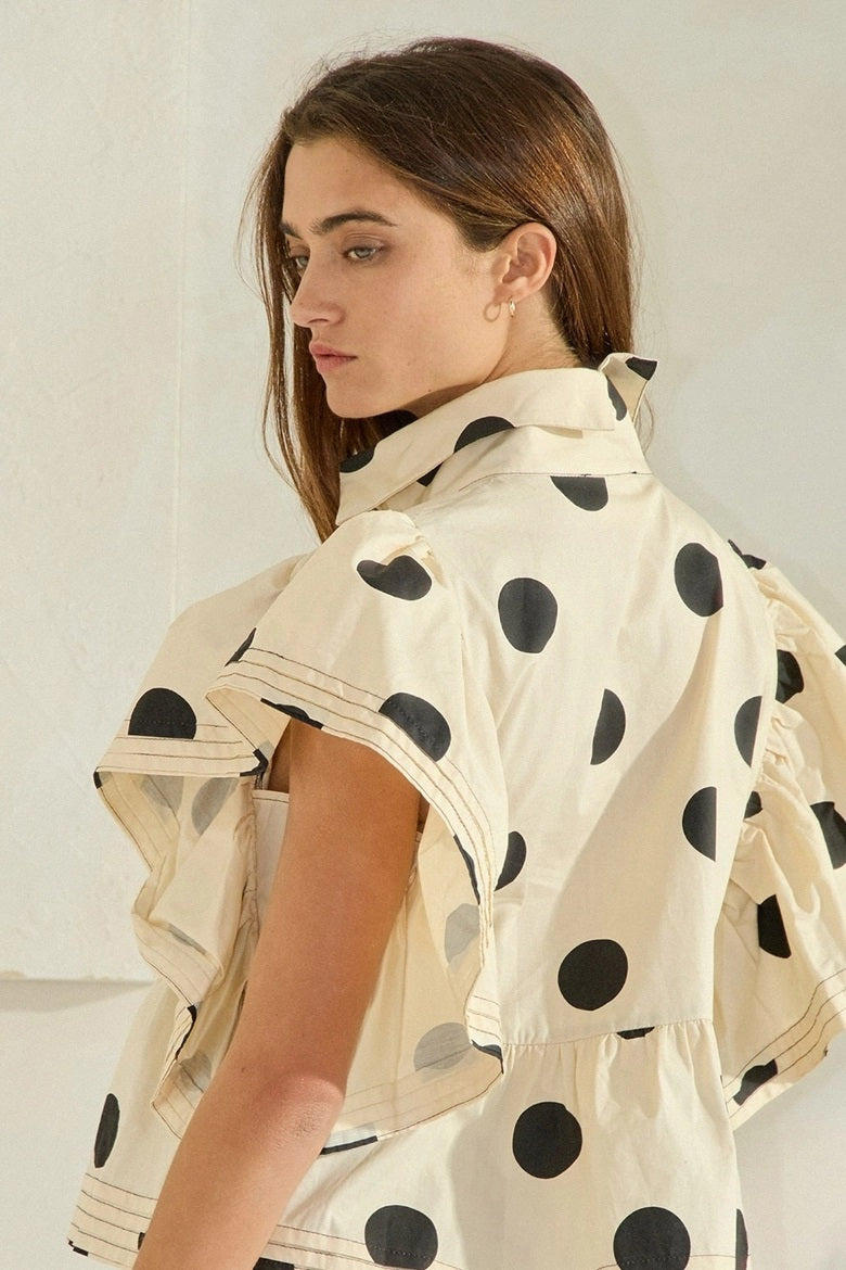 Ruffle Sleeves Pintuck Detail Polka Dot Print Top