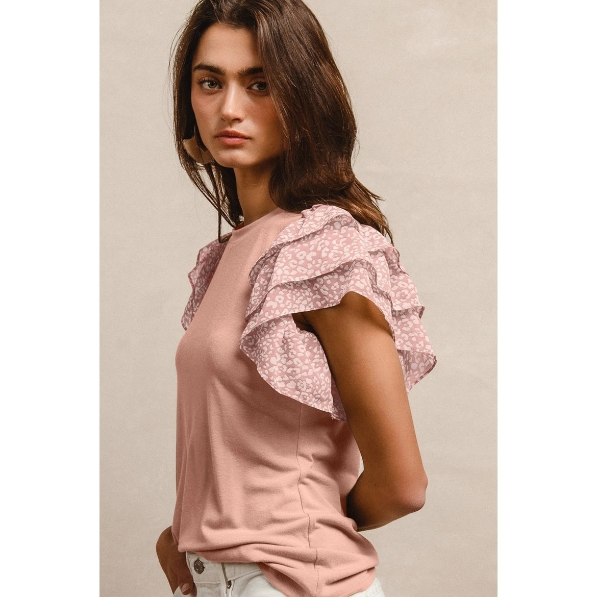 Solid Jersey with Leopard Ruffled Sleeves Top