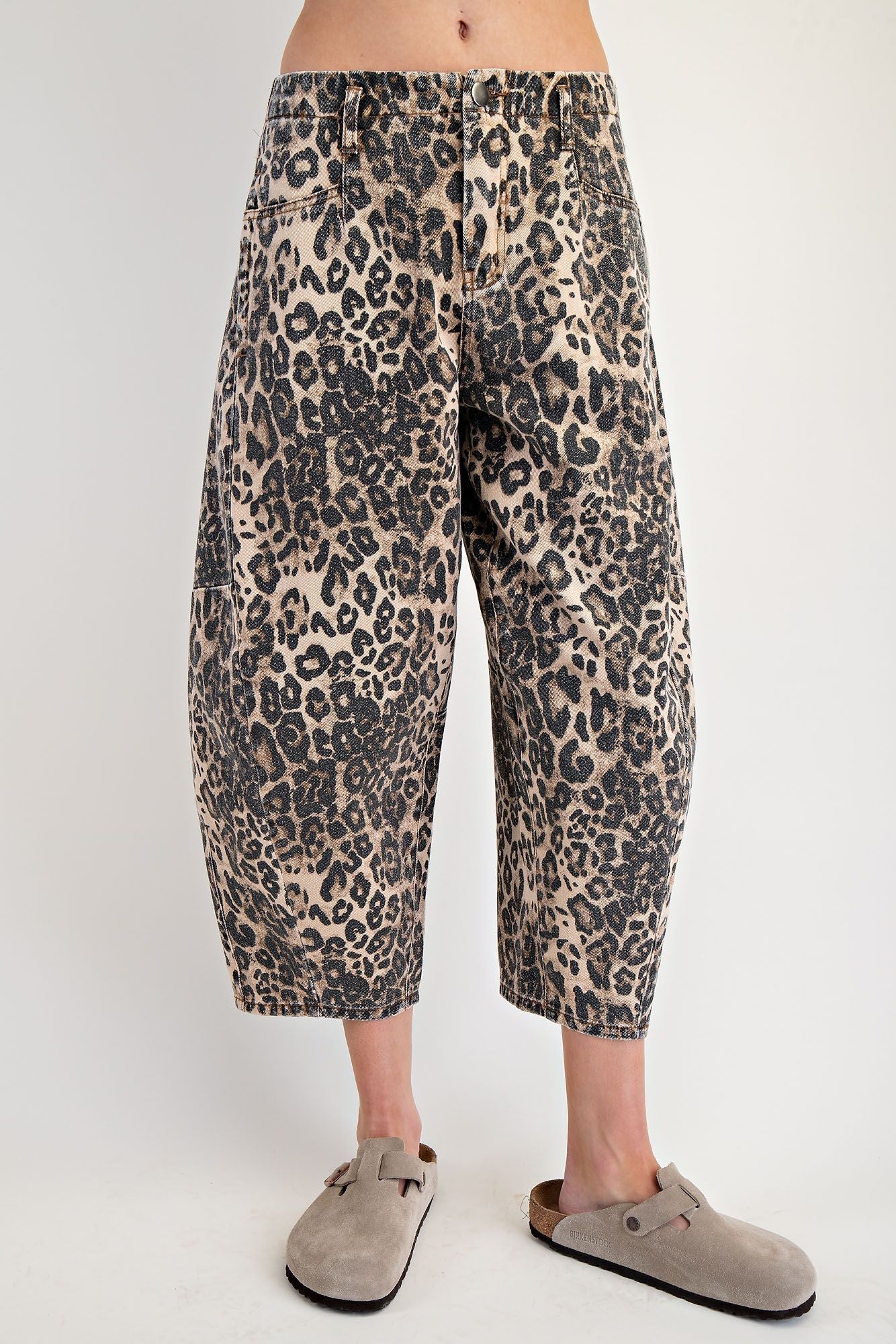 Leopard Print Washed Twill Barrel Pants