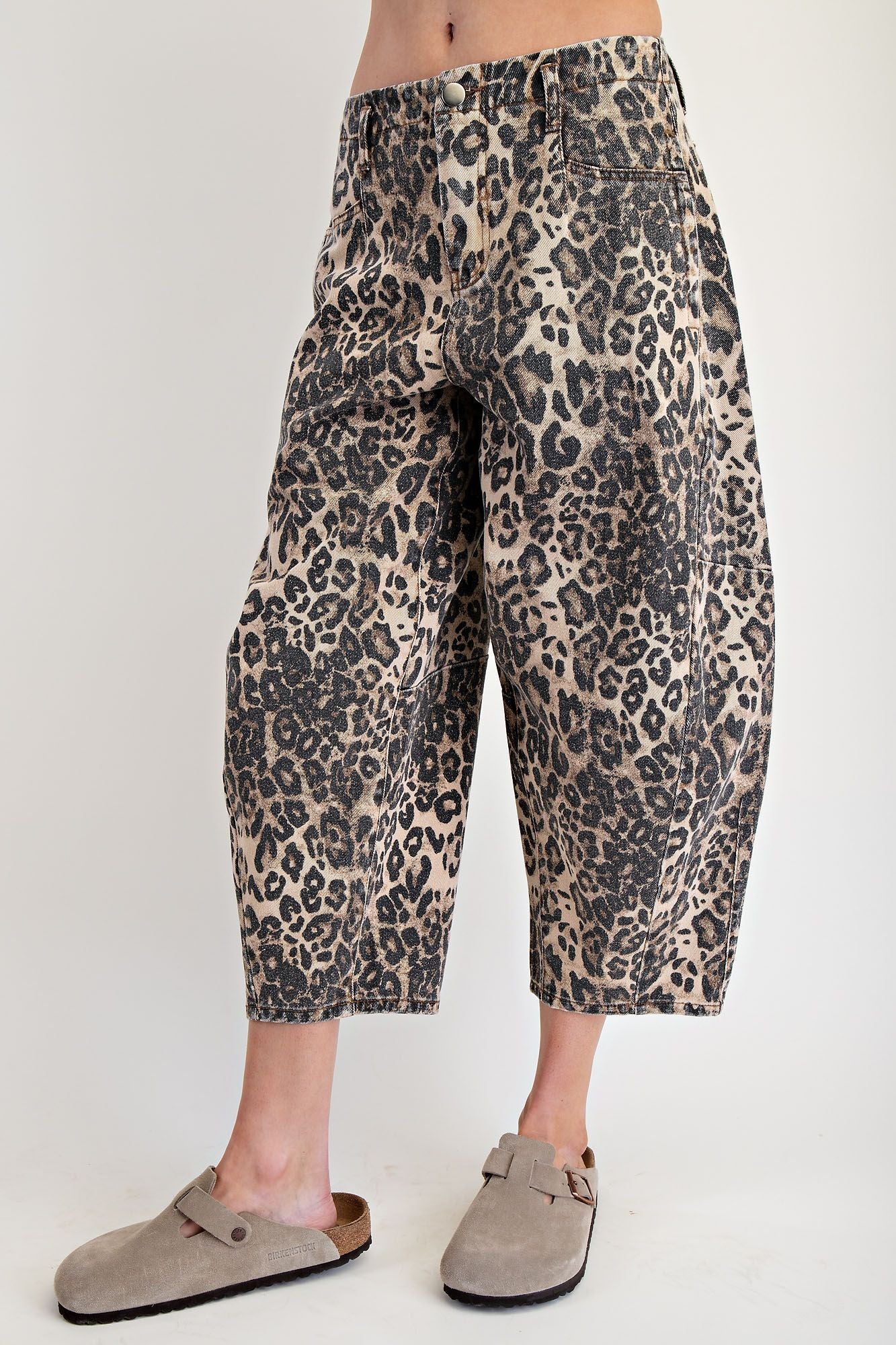 Leopard Print Washed Twill Barrel Pants