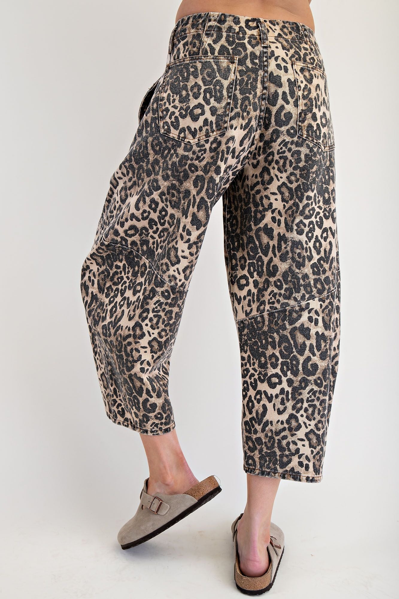Leopard Print Washed Twill Barrel Pants